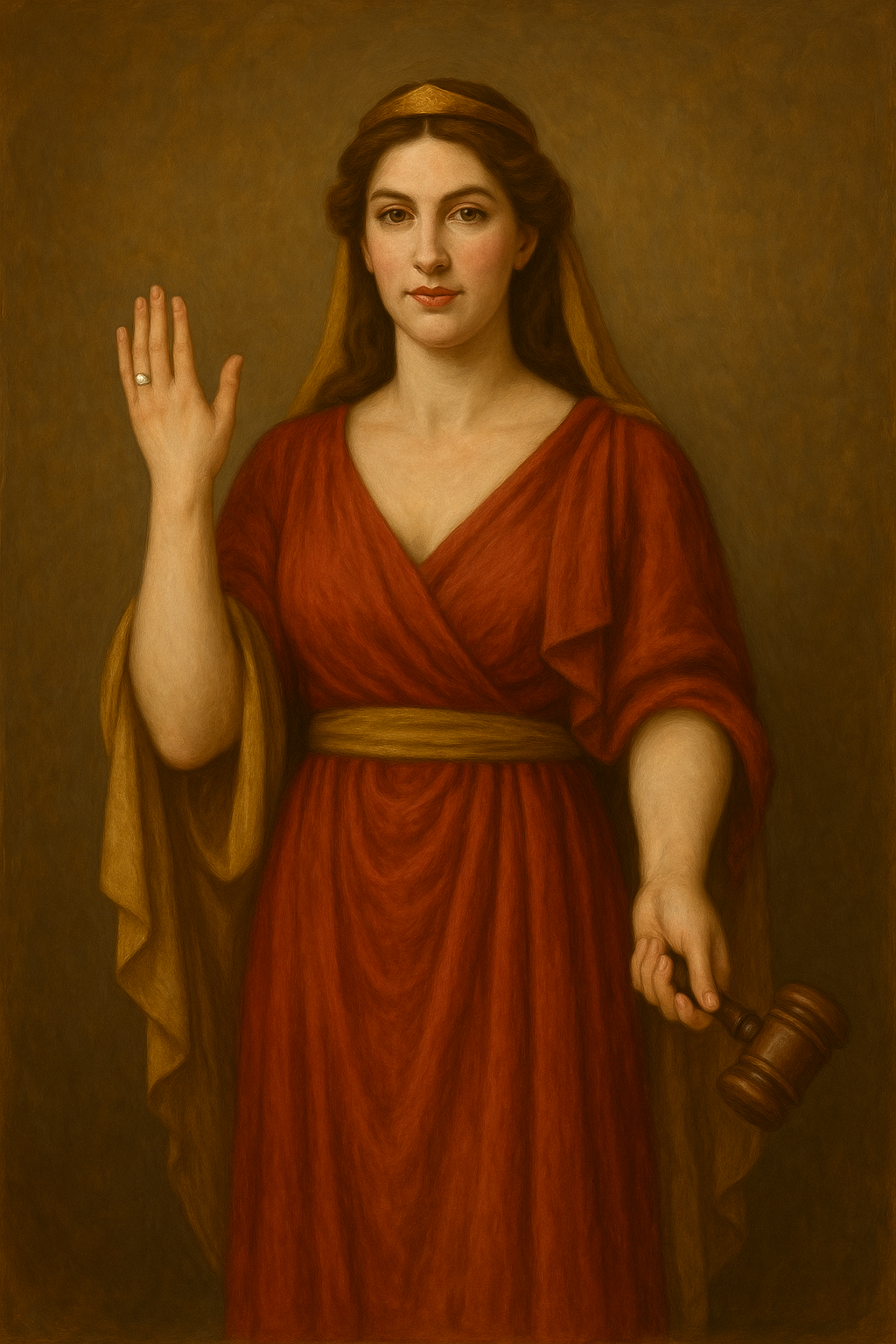 A woman in an antique red robe is standing. She shows her right hand, where a silver ring adorns her ring ring, while she holds a mallet in her left hand.