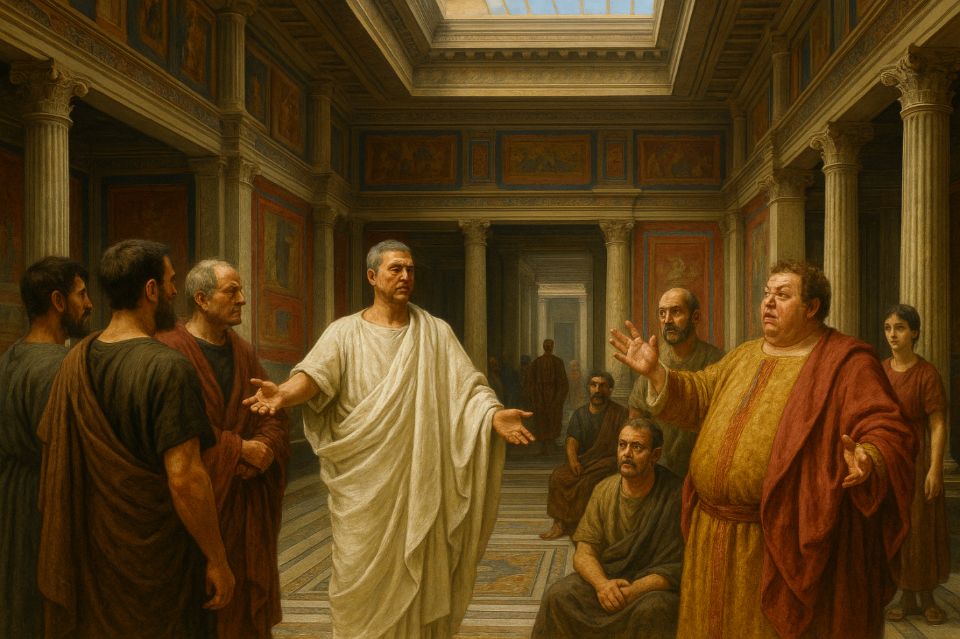 Un gruppo di uomini in toghe romane antiche dibatte appassionatamente in una grande sala con colonne e pareti dipinte. Un gruppo di uomini in fluenti toghe romane si riunisce all'interno di una grande sala classica. Due figure centrali si distinguono mentre gesticolano energicamente durante un acceso dibattito, mentre altri intorno a loro ascoltano attentamente o osservano lo scambio di battute svolgersi tra dettagli architettonici elaborati.
