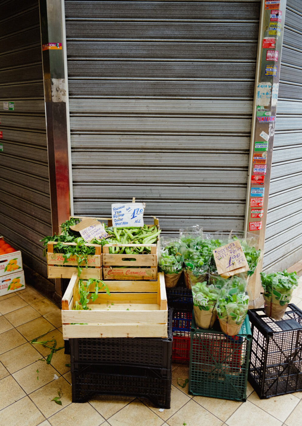Casse e cesti di verdure a foglia fresca - Casse e cesti di verdure a foglia fresca sono esposti in vendita sul marciapiede piastrellato di fronte a una saracinesca metallica chiusa. Tra le verdure sono visibili cartelli con i prezzi scritti a mano.