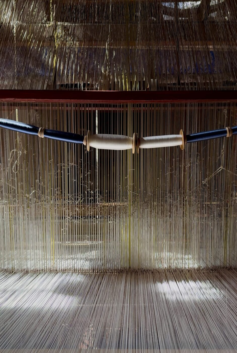 [Nessun titolo dell'immagine presente] - Primo piano di un telaio tradizionale con numerosi fili bianchi verticali ben tesi, illuminato dalla luce naturale, utilizzato per tessere tessuti.