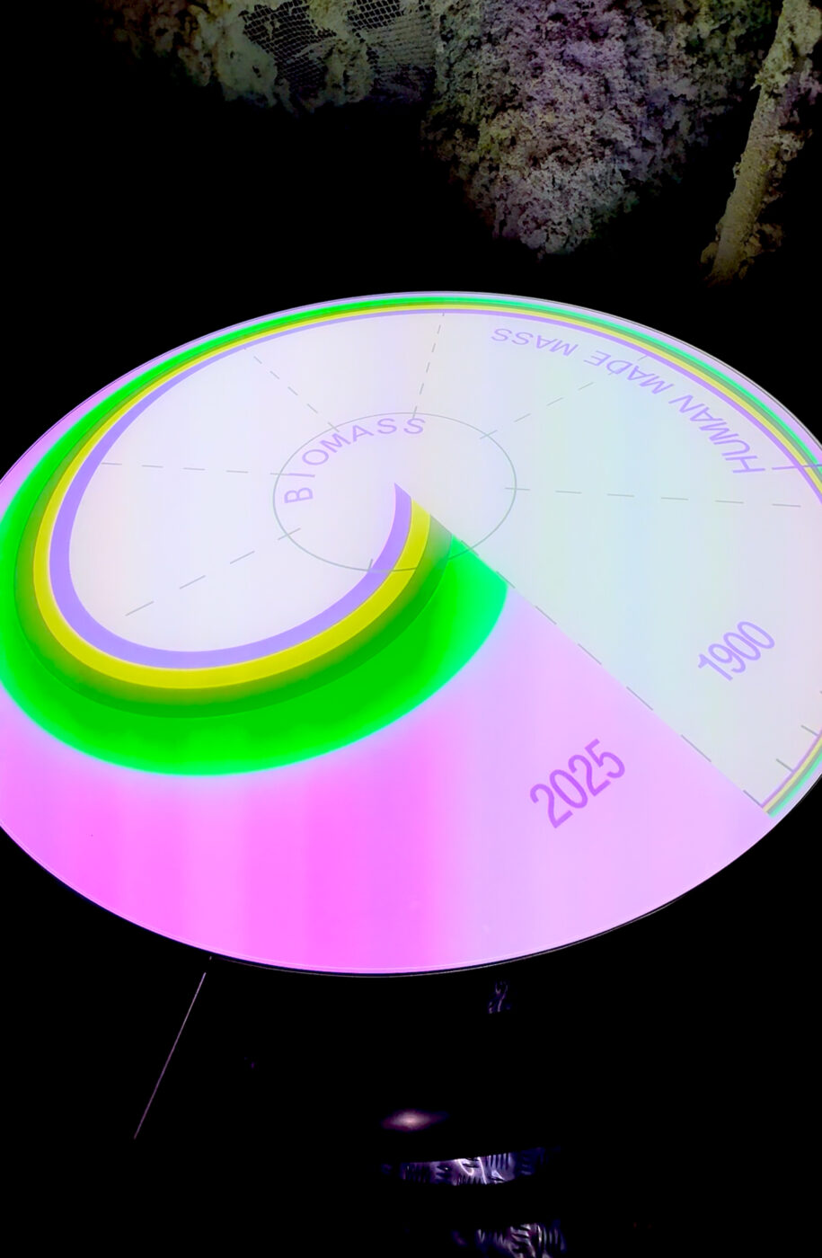 MASSA ARTIFICIALE vs BIOMASSA - Un display digitale circolare mostra una linea temporale a spirale dal 1900 al 2025, etichettata MASSA ARTIFICIALE e BIOMASSA, con archi colorati che rappresentano i cambiamenti nel tempo, su uno sfondo scuro.