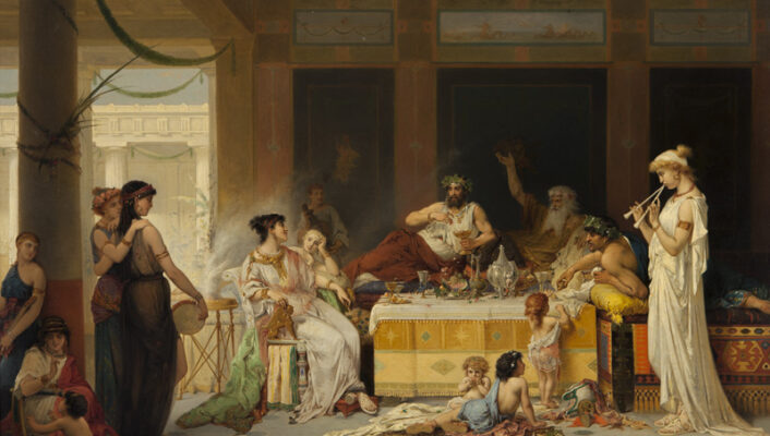 Feast in the Grand Hall - A classical scene depicts elegantly dressed men and women feasting around a table in an ornate hall; musicians play instruments, and children play on the floor. The atmosphere is lively and festive, evoking ancient Roman or Greek times.