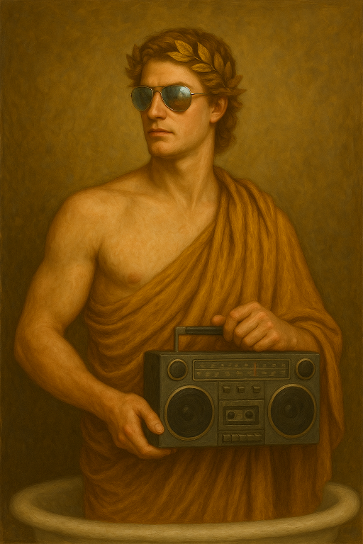 A man dressed in a golden toga and laurel wreath, wearing sunglasses, stands confidently while holding a vintage boombox against a brown background, blending classical and modern styles.