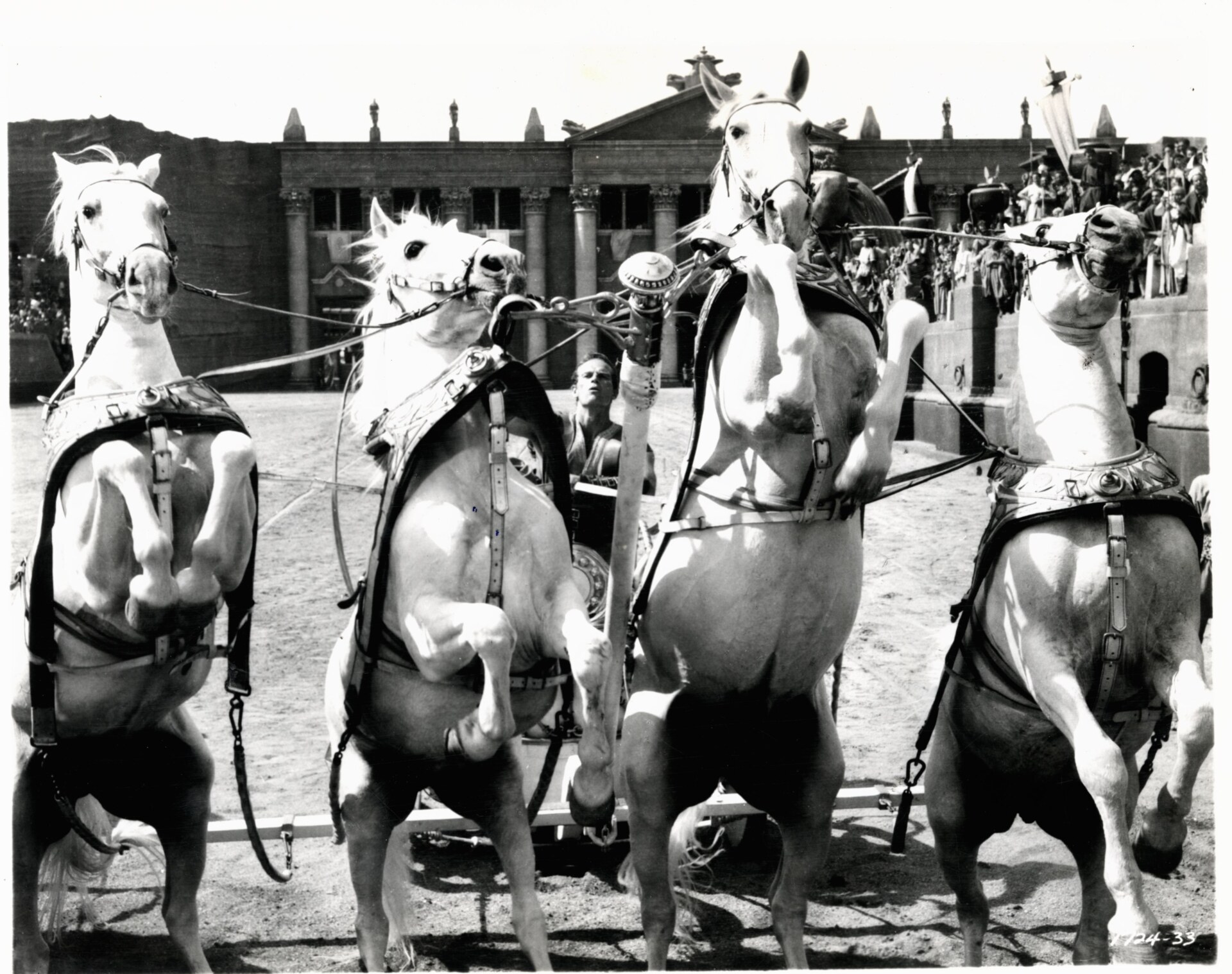 Ben Hur: A dramatic scene of four white horses rearing up while harnessed to a chariot, with a driver holding the reins. Ancient-style buildings and a cheering crowd appear in the background.