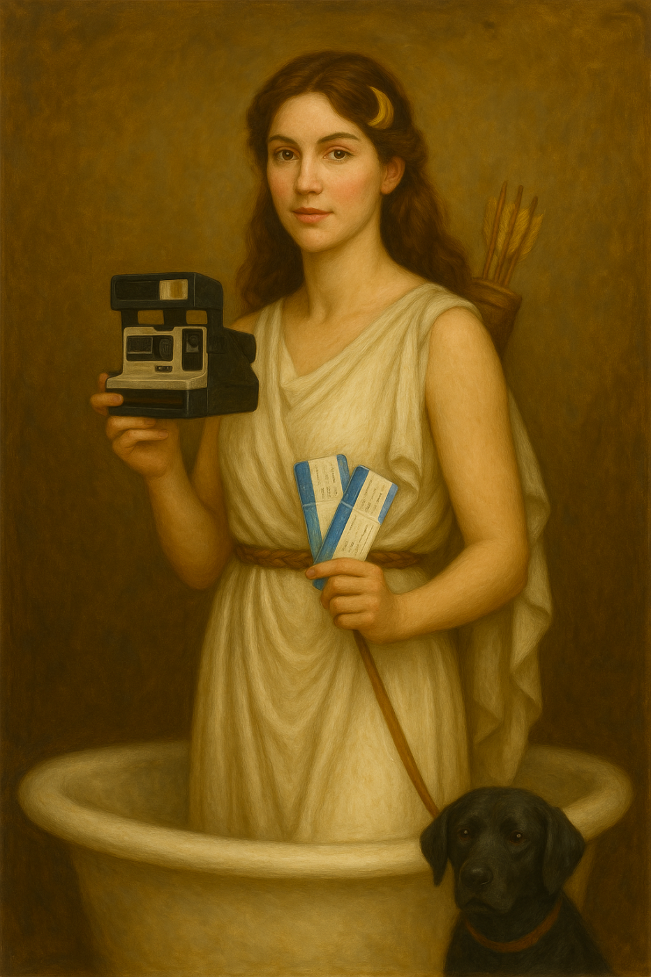 The Archers Bath - A woman in ancient-style clothing stands in a tub, holding a vintage instant camera and three blue tickets, with a quiver of arrows on her back. A black dog sits beside her. The scene is painted in a classical style.