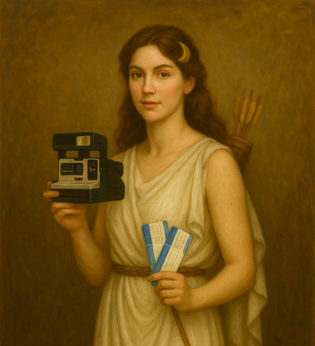 The Archers Bath - A woman in ancient-style clothing stands in a tub, holding a vintage instant camera and three blue tickets, with a quiver of arrows on her back. A black dog sits beside her. The scene is painted in a classical style.