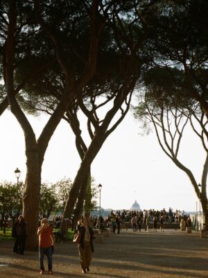 A sunlit park path lined with tall trees, filled with people walking and gathering. In the background, a distant dome is visible on the horizon under a clear sky.