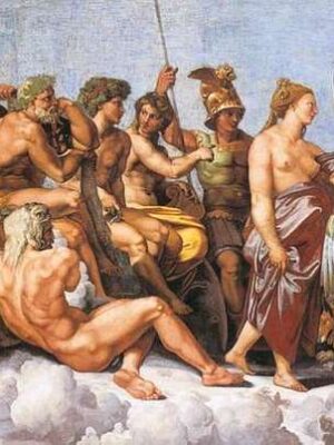 [Senza titolo] - Un gruppo di divinità greche antiche, avvolte in tuniche e parzialmente nude, si radunano sulle nuvole in un dipinto classico con cielo azzurro sullo sfondo. Alcune reggono bastoni o simboli e sembrano in una discussione o in una riunione.