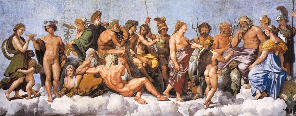 Greek Gods Gathering - A classical painting depicts Greek gods and goddesses gathered on clouds, some seated and some standing, conversing and gesturing, with vibrant robes and mythological symbols against a blue sky background.