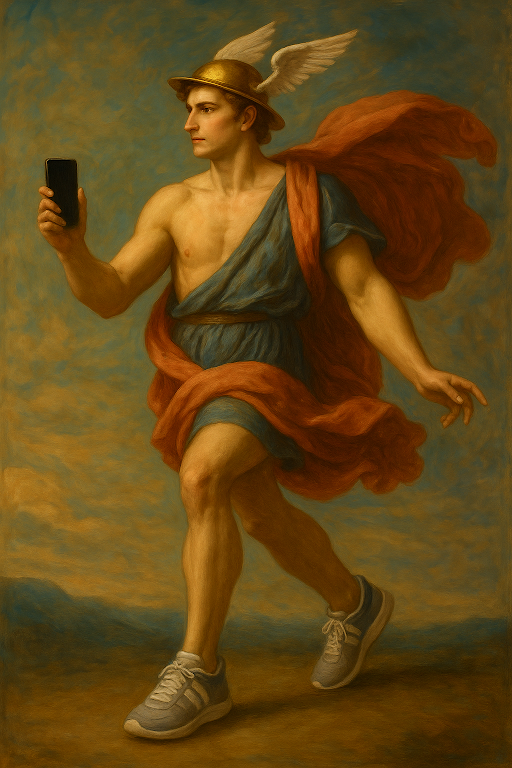 A classical painting of a Greek god in a winged helmet and sandals, wearing a flowing robe, holding a smartphone, and sporting modern running shoes, blending ancient and contemporary elements. Alt Text: A classical painting depicting a Greek god dressed in traditional attire with winged helmet and sandals and a flowing robe. The figure holds a smartphone in one hand and wears modern running shoes, combining references from ancient mythology with contemporary technology and fashion.