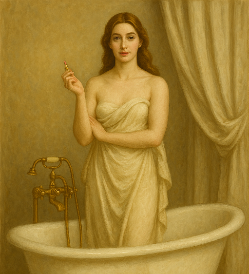 A woman wrapped in a cream-colored cloth stands in a vintage clawfoot bathtub, holding a lipstick. The background features elegant golden fixtures and draped curtains, creating a classic, warm atmosphere.