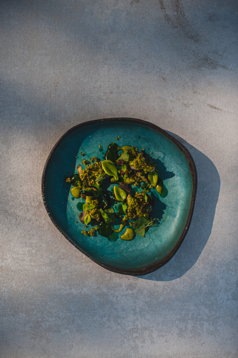 [Titolo dell'immagine] - Un piatto di ceramica color verde acqua con un'insalata gourmet di verdure a foglia verde e fiori commestibili, cosparsa di spezie, è appoggiato su una superficie grigia testurizzata, esposto alla luce naturale.