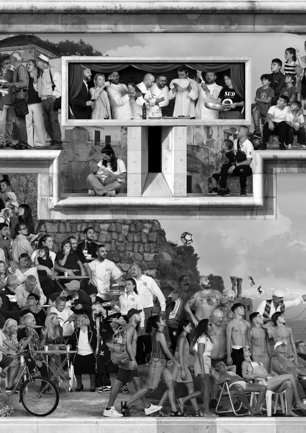 A busy black-and-white scene shows crowds of people on different levels, some sitting, standing, walking, or talking, with children, adults, and shirtless figures in a mix of casual and lively interactions against a stone backdrop. For example: Summer at the Baths - A busy black-and-white scene shows crowds of people on different levels... If no image title is present: A busy black-and-white scene shows crowds of people on different levels... Summary rule: - If there is an image title → [Image Title] - [Alt Text] - If not → [Alt Text].