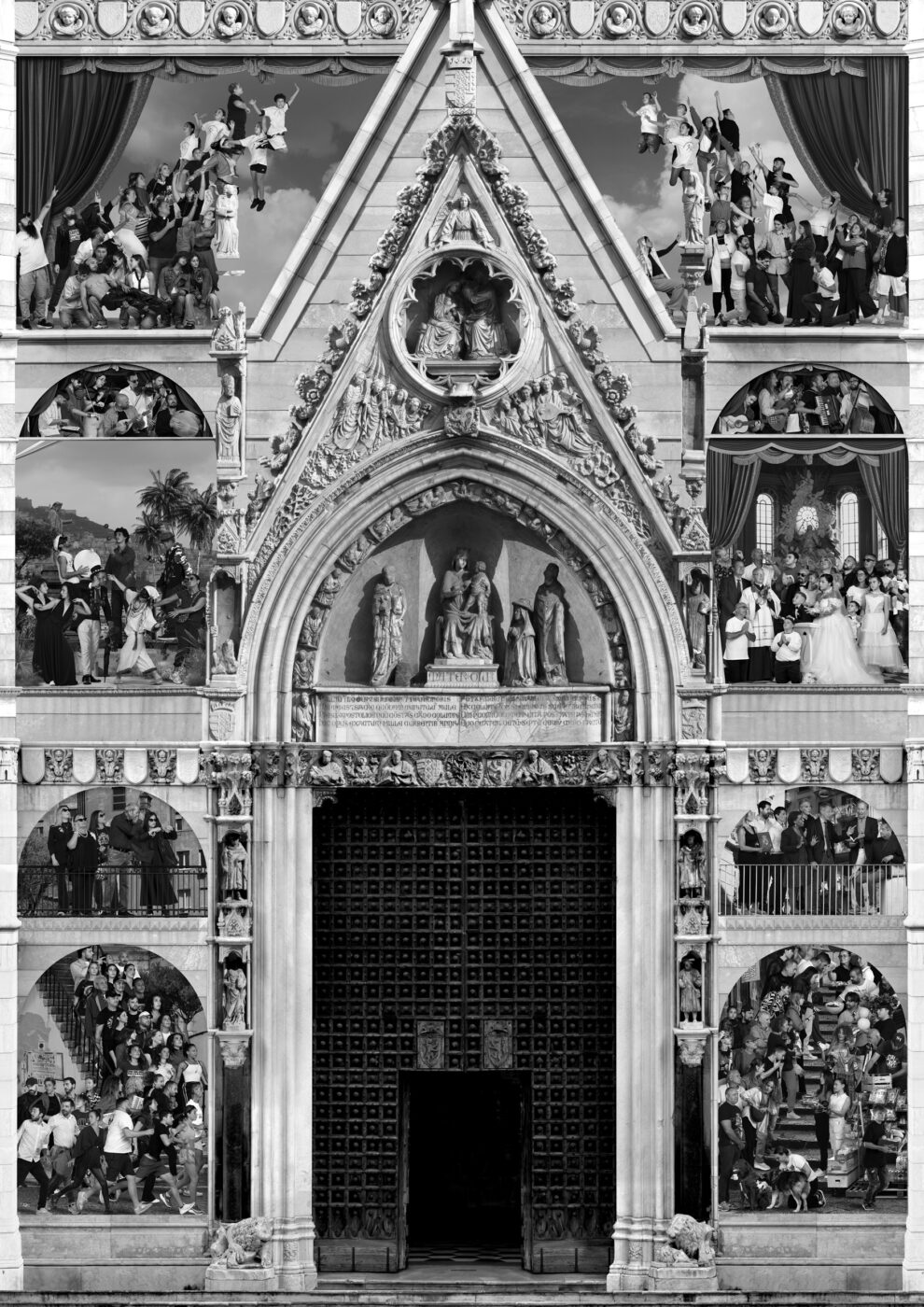 A black and white photo of an ornate cathedral entrance decorated with arches and sculptures, surrounded by inset scenes of crowds engaged in various activities, including celebrations, gatherings, and a wedding.