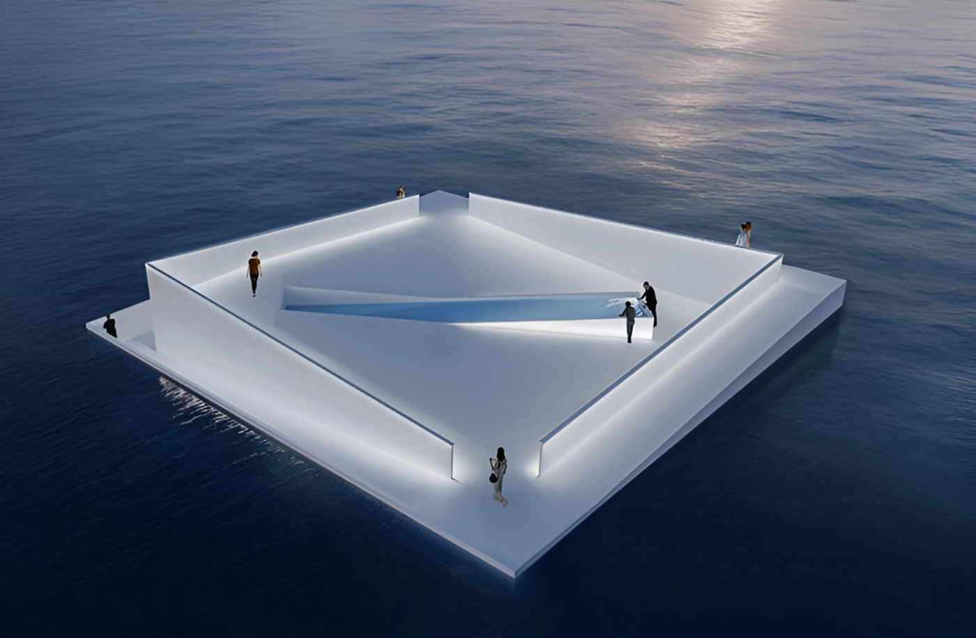 A minimalist, illuminated white platform floats on calm water at sunset - A minimalist, illuminated white platform floats on calm water at sunset. Several people stand and walk on the geometric structure, which features a shallow reflecting pool and angled walls.