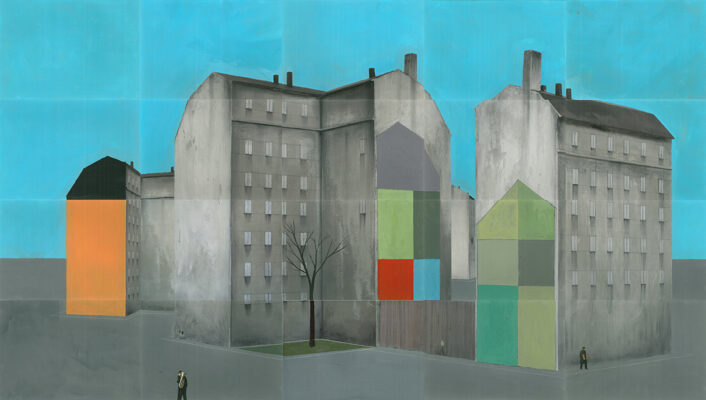 A surreal painting of gray apartment buildings with colorful geometric patches - A surreal painting featuring gray apartment buildings adorned with vibrant geometric patches. A stark, leafless tree stands in the foreground, while three small human figures are spaced apart on a flat gray ground beneath a bright turquoise sky. Handwritten text appears in the top right corner.