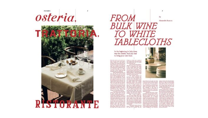 A TAVOLA (2025) - A magazine spread shows a set table with a white tablecloth, wine glasses, and plates, overlaid with red text that reads: “Osteria, Trattoria, Ristorante” and “From Bulk Wine to White Tablecloths.”.