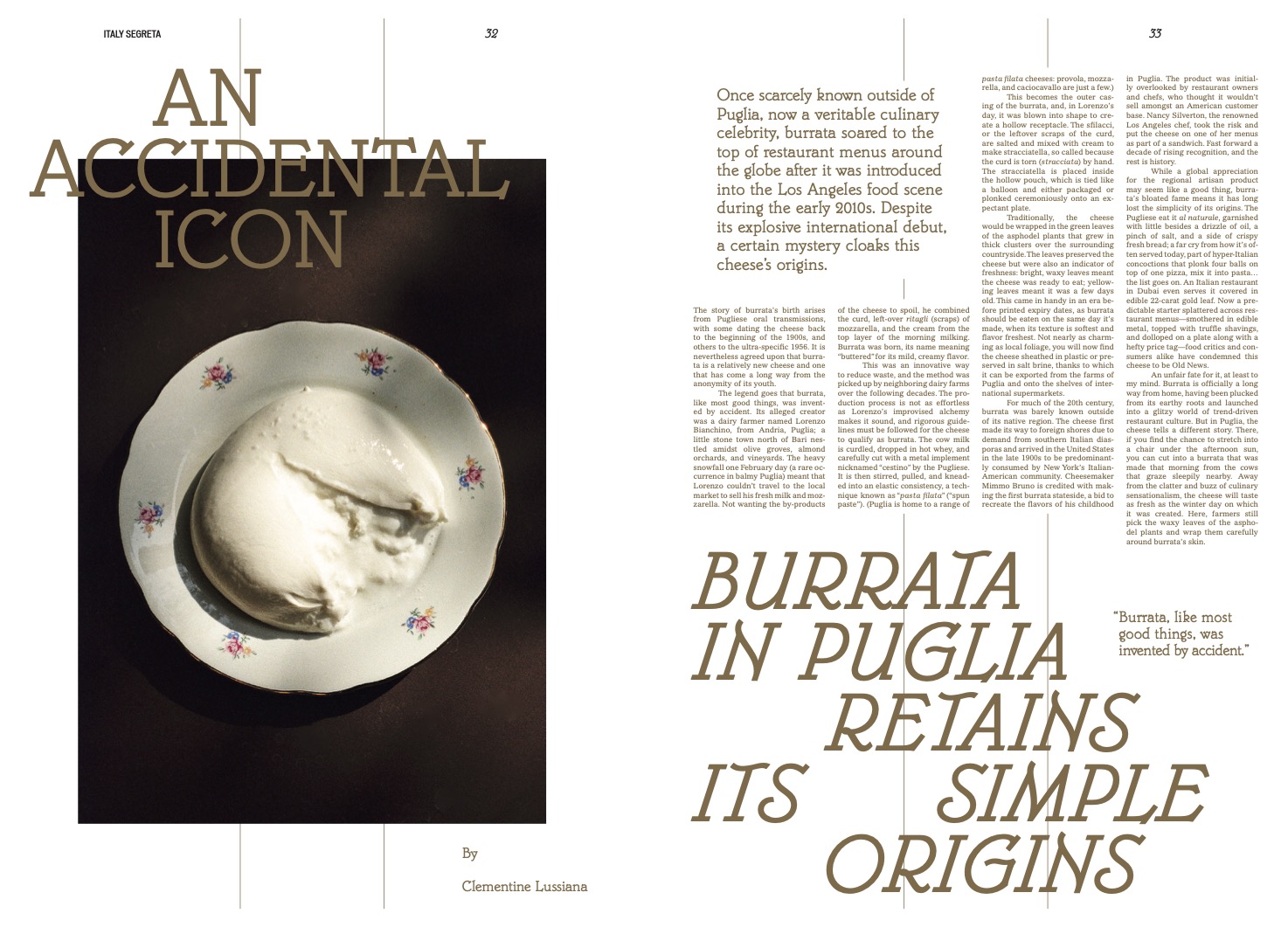A TAVOLA (2025) - A magazine spread with burrata cheese on the left page and the article An Accidental Icon: Burrata in Puglia Retains Its Simple Origins with introductory text on the right page.