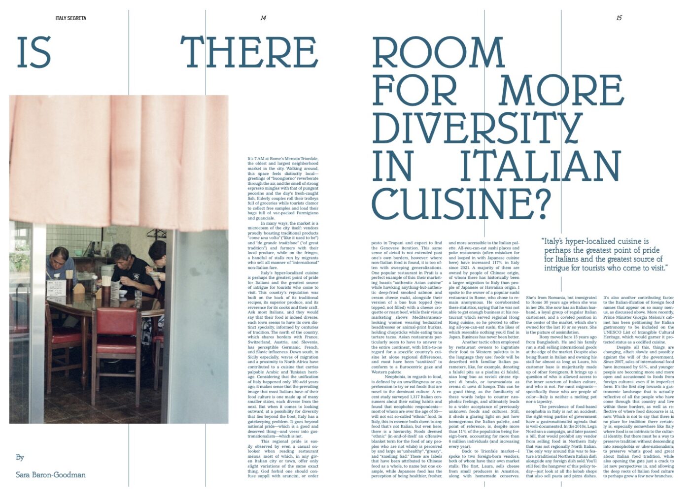 Is There Room for More Diversity in Italian Cuisine? - A TAVOLA (2025) magazine article titled “Is There Room for More Diversity in Italian Cuisine?” with a photo on the left page showing diners at a restaurant, partially hidden behind a pink curtain.