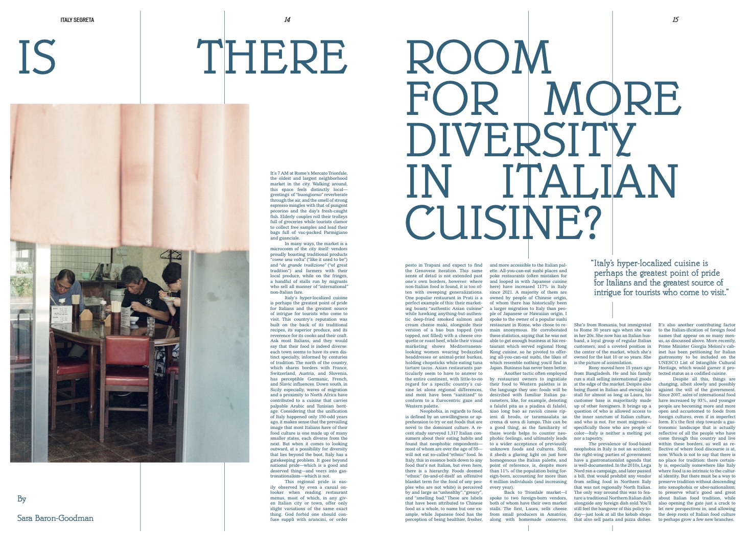 Is There Room for More Diversity in Italian Cuisine? - A TAVOLA (2025) magazine article titled “Is There Room for More Diversity in Italian Cuisine?” with a photo on the left page showing diners at a restaurant, partially hidden behind a pink curtain.
