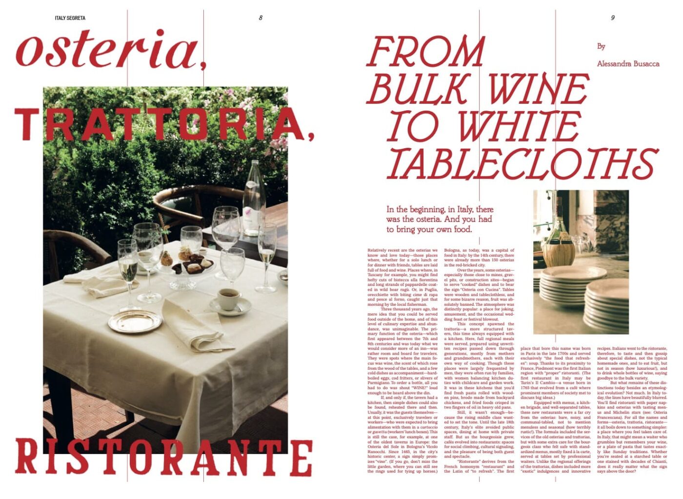A TAVOLA (2025) - A magazine spread features, on the left page, a set table at an outdoor restaurant; on the right page is an article titled “From Bulk Wine to White Tablecloths,” accompanied by text and a small inset photo of glassware.