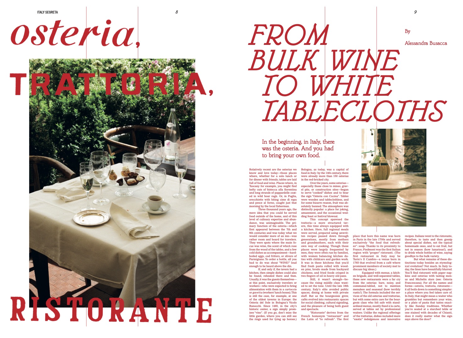A TAVOLA (2025): FROM BULK WINE TO WHITE TABLECLOTHS - A magazine spread with a photo of a set outdoor restaurant table, featuring wine glasses and plates, on the left. On the right, large red text reads “A TAVOLA (2025): FROM BULK WINE TO WHITE TABLECLOTHS” above an article.