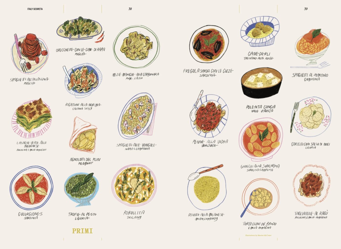 A TAVOLA (2025) - An illustrated menu showing colorful plates of spaghetti, ravioli, risotto, gnocchi, and soups. Each Italian dish is neatly arranged and labeled with names and descriptions across two pages.