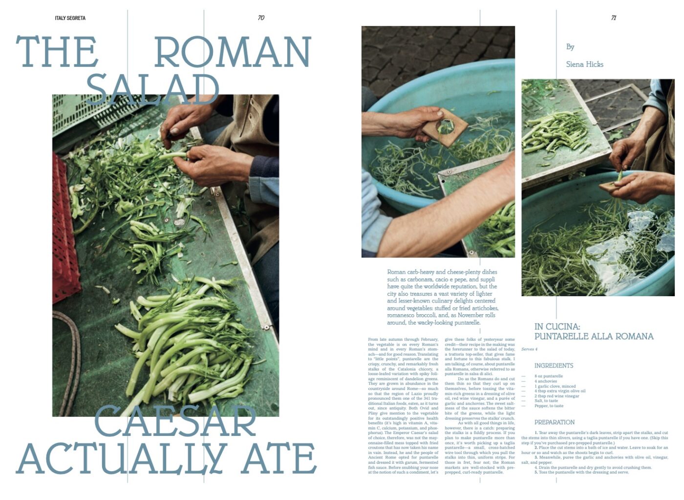 The Roman Salad Caesar Actually Ate - Top-down photo of hands washing and prepping green vegetables in a blue basin; includes long green beans and leafy greens scattered around, with overlaid magazine article text showing the title The Roman Salad Caesar Actually Ate from A TAVOLA (2025).
