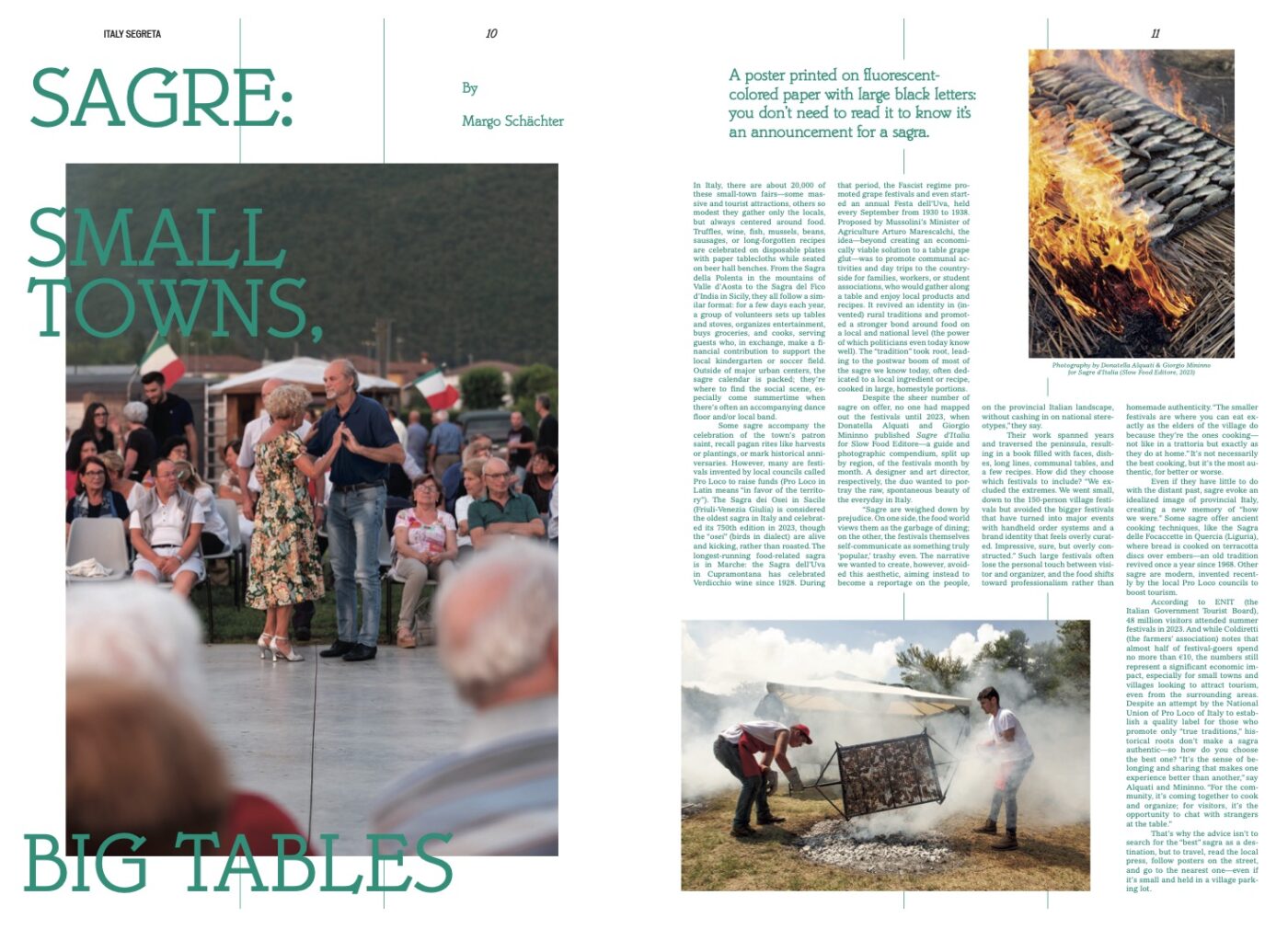 Sagre: Small Towns. Big Tables. - A lively magazine spread in A TAVOLA (2025) shows people dancing outdoors and a crowd watching; nearby, food is being grilled over open flames with several people tending a smoky barbecue, capturing the festive atmosphere of an Italian town celebration.