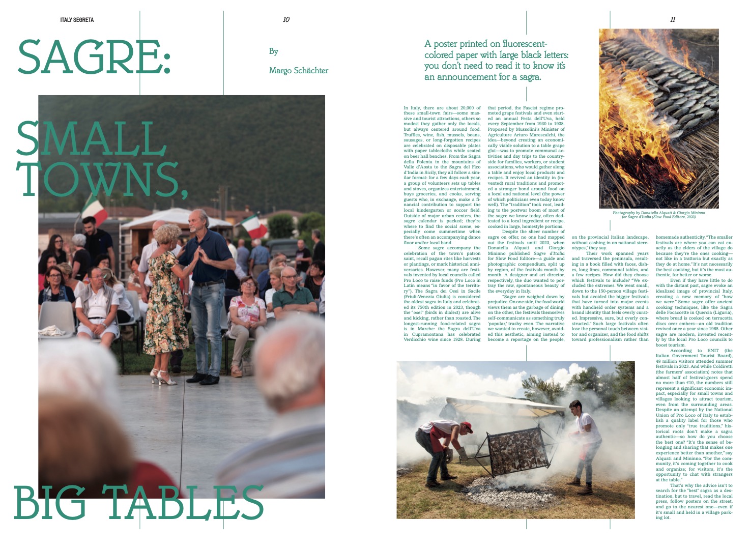 Sagre: Small Towns. Big Tables. - A lively magazine spread in A TAVOLA (2025) shows people dancing outdoors and a crowd watching; nearby, food is being grilled over open flames with several people tending a smoky barbecue, capturing the festive atmosphere of an Italian town celebration.