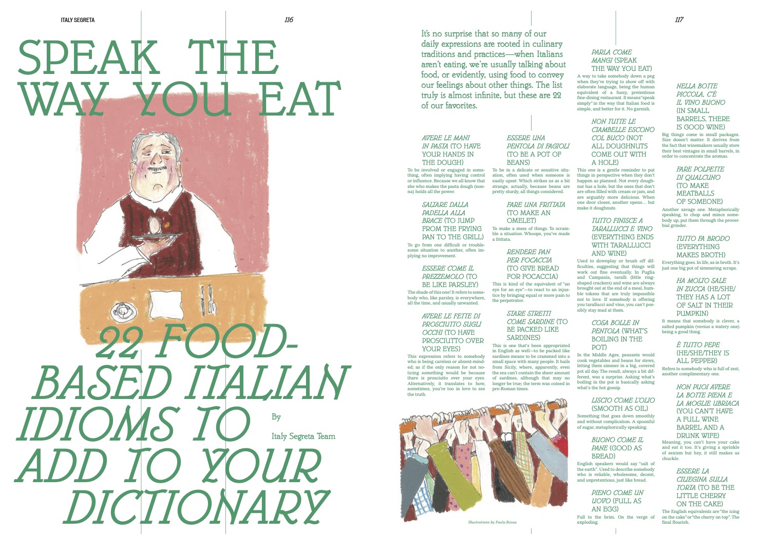 A TAVOLA (2025) - A magazine spread shows an Italian chef sitting at a table, with people gesturing animatedly below, and the headline “Speak The Way You Eat: 22 Food-Based Italian Idioms To Add To Your Dictionary.” The right page is filled with text.