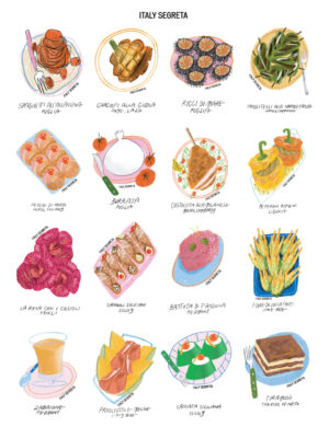 A Tavola Stickers - 16 illustrated Italian dishes—including pasta, seafood, vegetables, cheese, meats, desserts, and fruit—each labeled with its name and region of origin and beautifully arranged on individual plates.