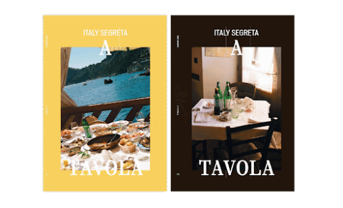 A TAVOLA (2025) - Side-by-side covers: left, Italian meal by the water; right, indoor table with bottles in warm light.
