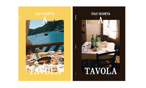 A TAVOLA (2025) - Side-by-side covers: left, Italian meal by the water; right, indoor table with bottles in warm light.