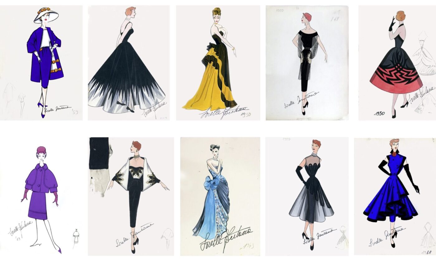 Una raccolta di 10 schizzi di moda vintage con donne eleganti in abiti, silhouette, colori e accessori diversi su sfondo bianco.