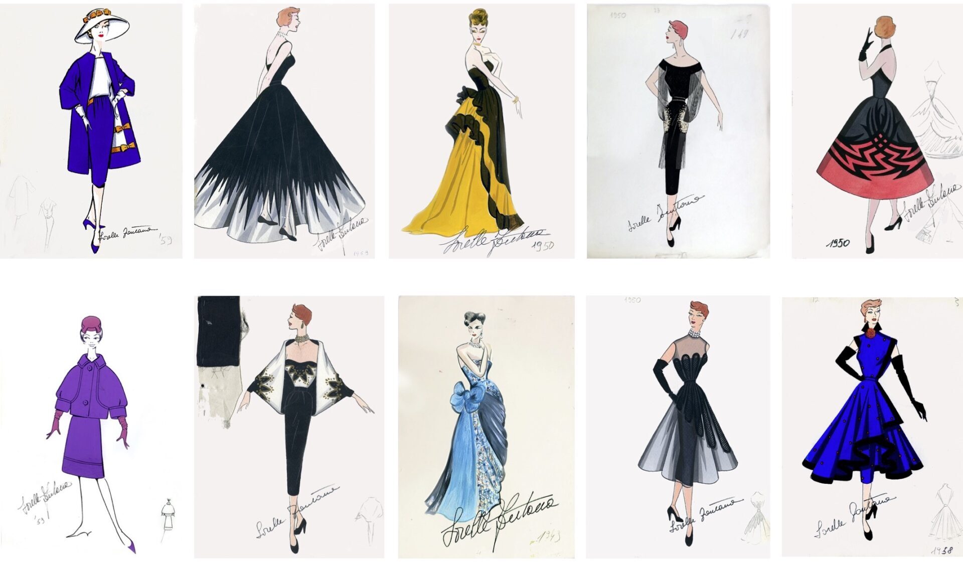 Una raccolta di 10 schizzi di moda vintage con donne eleganti in abiti, silhouette, colori e accessori diversi su sfondo bianco.