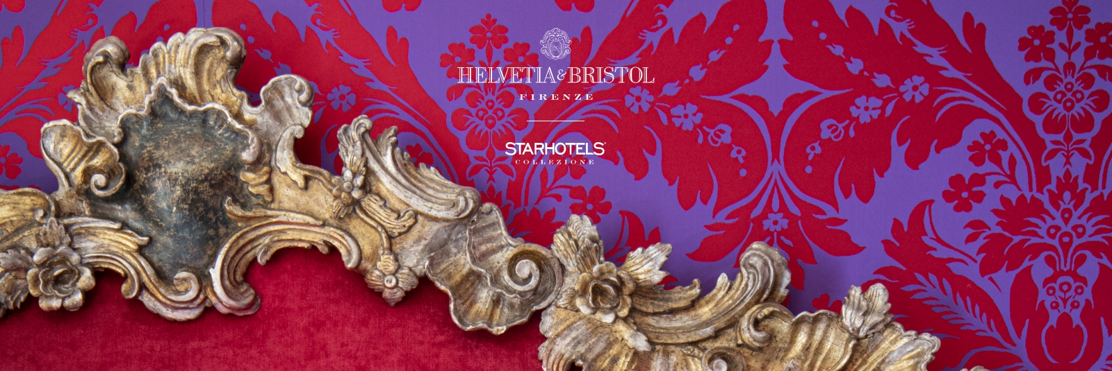 Helvetia & Bristol Firenze Starhotels Collezione - Ornate gold frame on red velvet with purple damask wallpaper, white text centered.