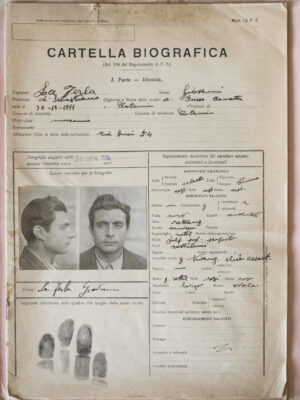 Aged Italian Record Sheet - Vintage biographical sheet with mugshots, handwritten details, fingerprints, stamps; paper is worn.