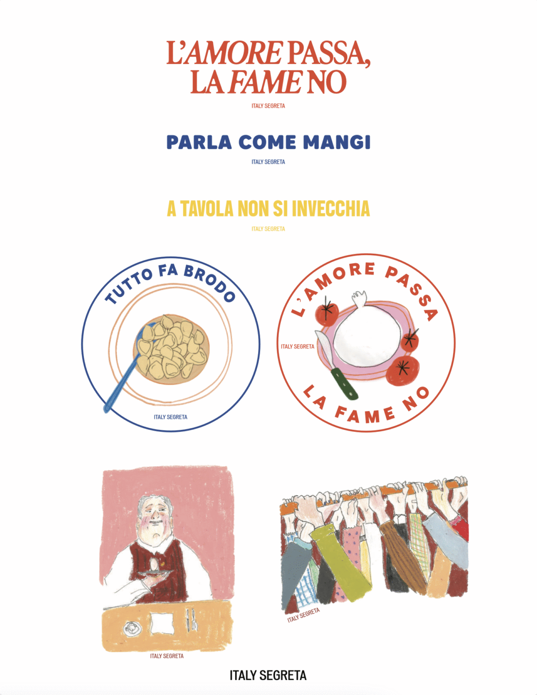 A Tavola Sticker Pack - The A Tavola Sticker Pack features Italian-themed stickers: a soup bowl, a bitten apple, a woman with soup, and a group dining together, with Italian food and love phrases displayed above and between the illustrations.