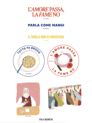 A Tavola Sticker Pack - The A Tavola Sticker Pack features Italian-themed stickers: a soup bowl, a bitten apple, a woman with soup, and a group dining together, with Italian food and love phrases displayed above and between the illustrations.