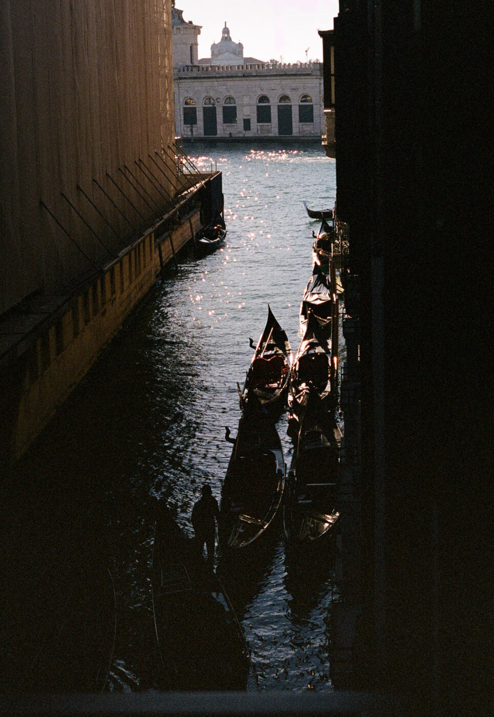 Several gondolas drift on a Venice canal with sparkling sunlight, distant historic building, and silhouetted figures in the boats.
