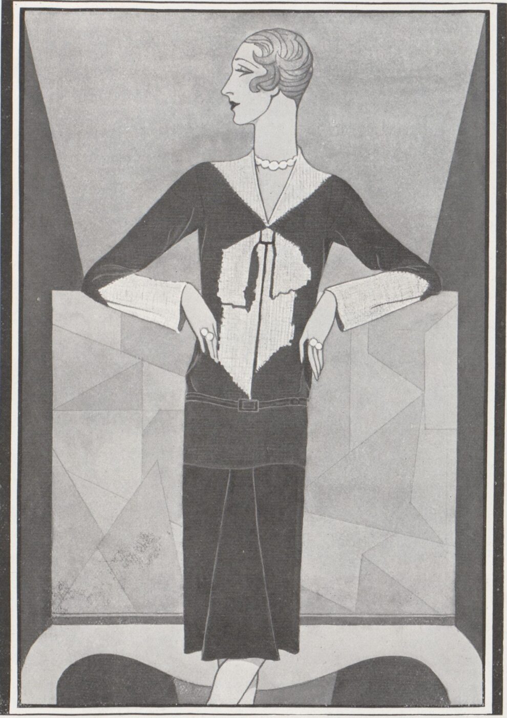 Art Deco Fashion - Black and white illustration of a woman in a chic dress with bow and necklace, hands on hips, geometric background.