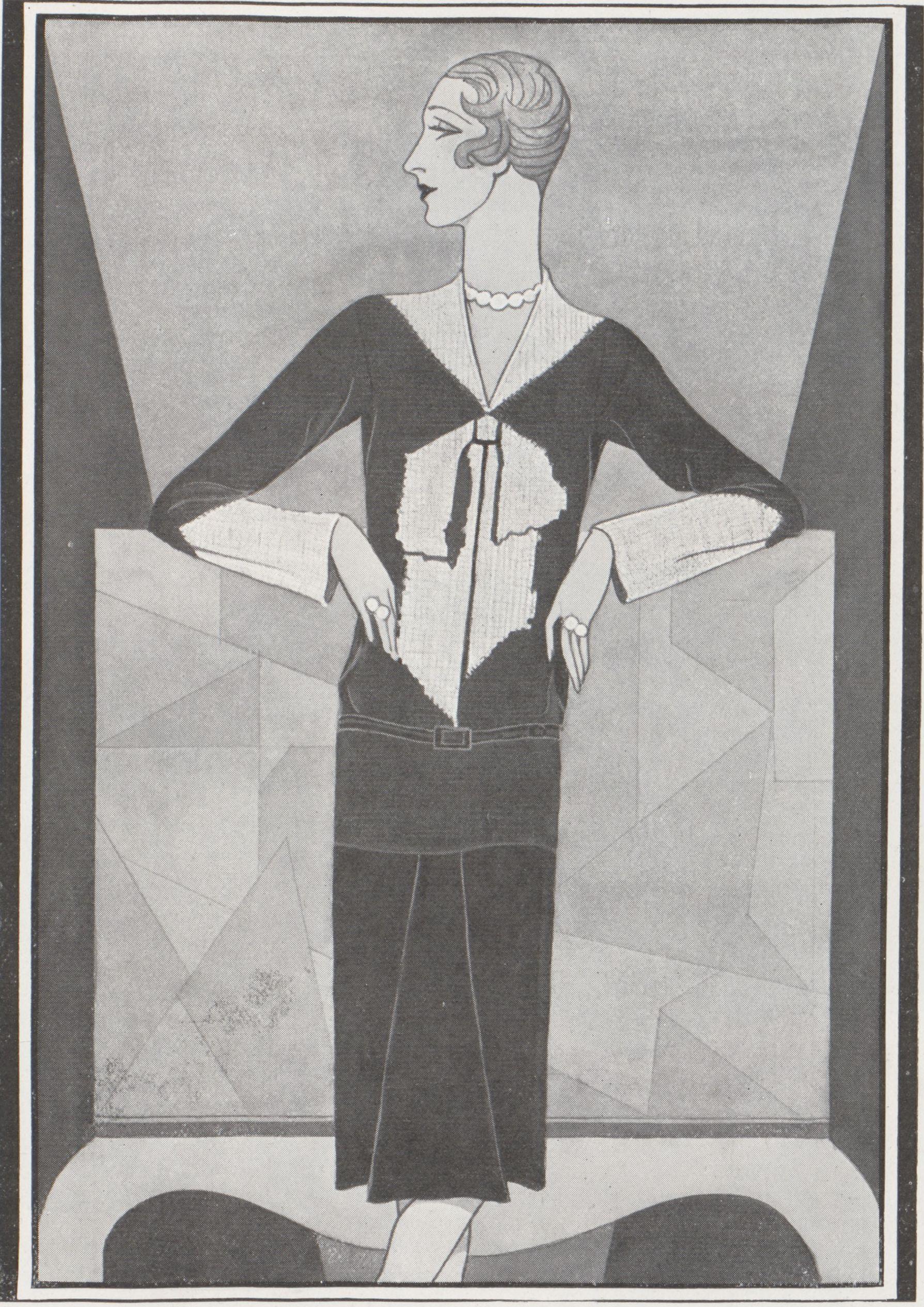 Art Deco Fashion - Black and white illustration of a woman in a chic dress with bow and necklace, hands on hips, geometric background.