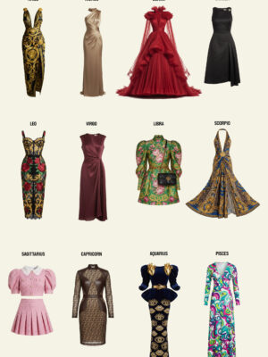 Twelve zodiac dresses in four rows and three columns, each styled and colored to match the traits of its zodiac sign.