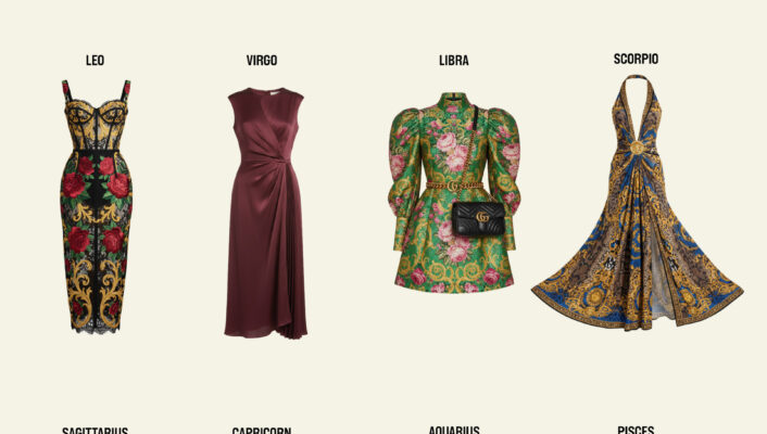 Twelve zodiac dresses in four rows and three columns, each styled and colored to match the traits of its zodiac sign.