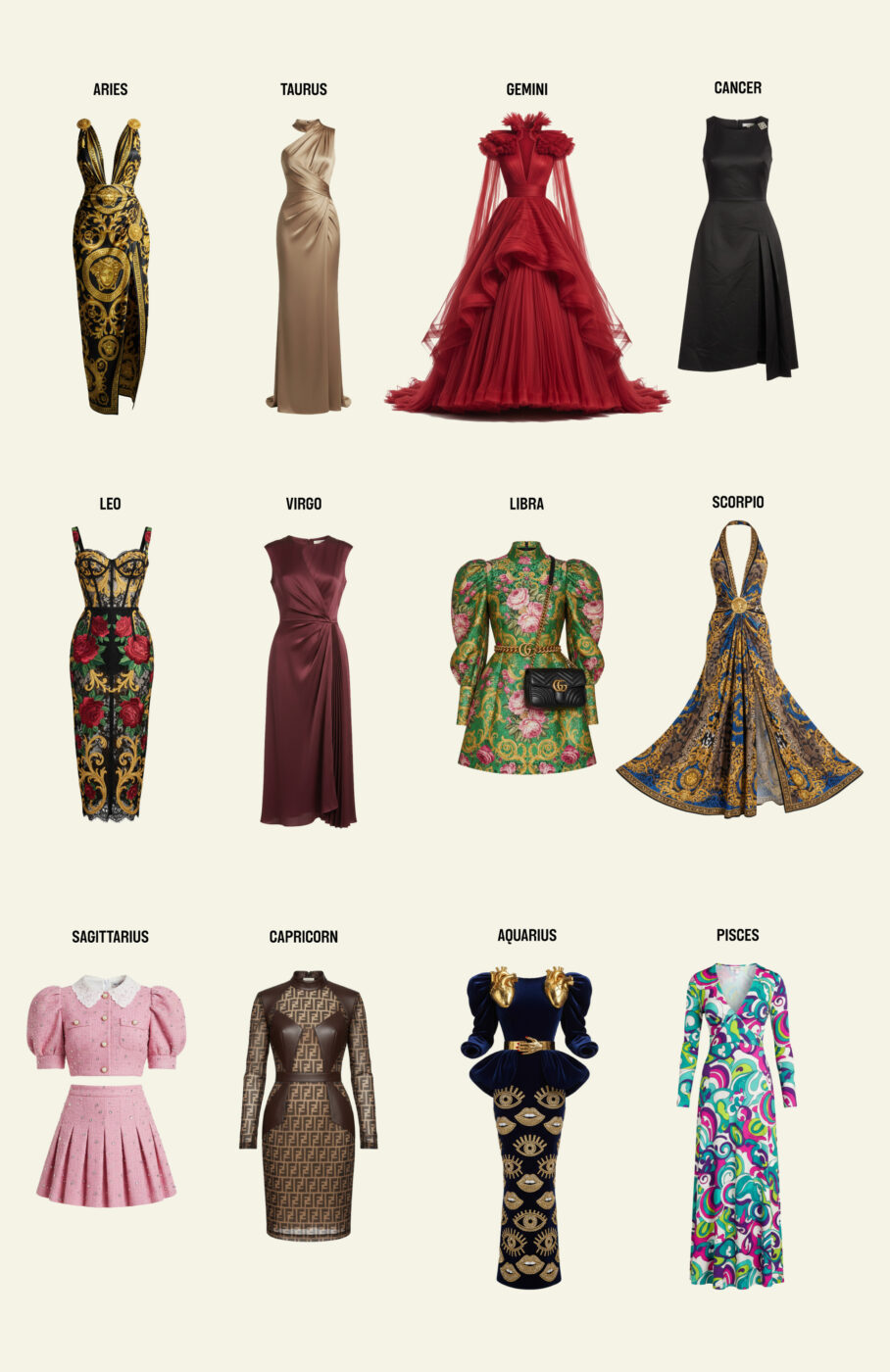 Twelve zodiac dresses in four rows and three columns, each styled and colored to match the traits of its zodiac sign.