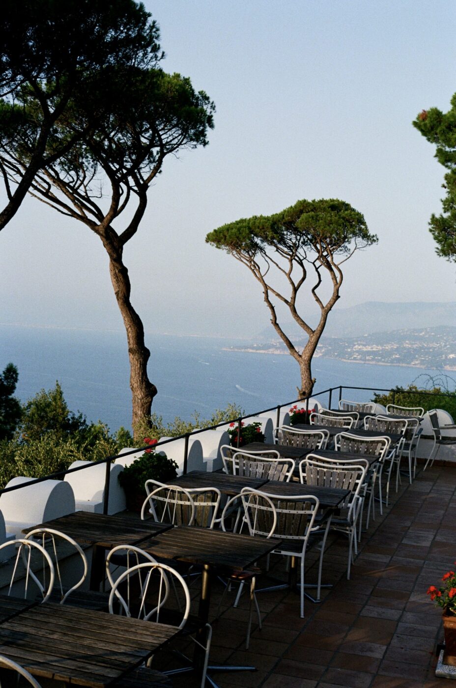 Terrazza esterna con tavoli, sedie, fiori rossi sul muro, vista sul mare, alti pini, montagne lontane sotto un cielo limpido.