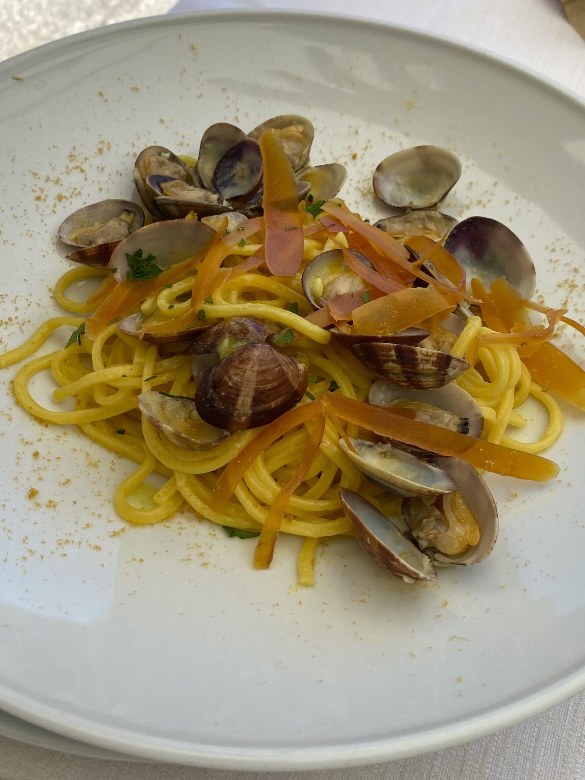 A plate of spaghetti with clams, orange strips, and fresh herbs on a white dish; lightly sauced, sprinkled with seasoning.