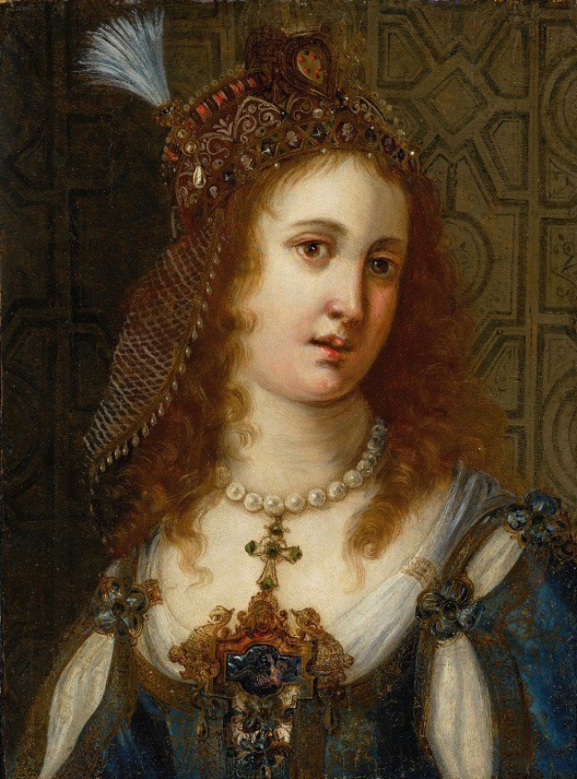 A woman with curly hair wears a feathered beaded headdress, pearl necklace, ornate blue dress, and jewelry, before a patterned backdrop.