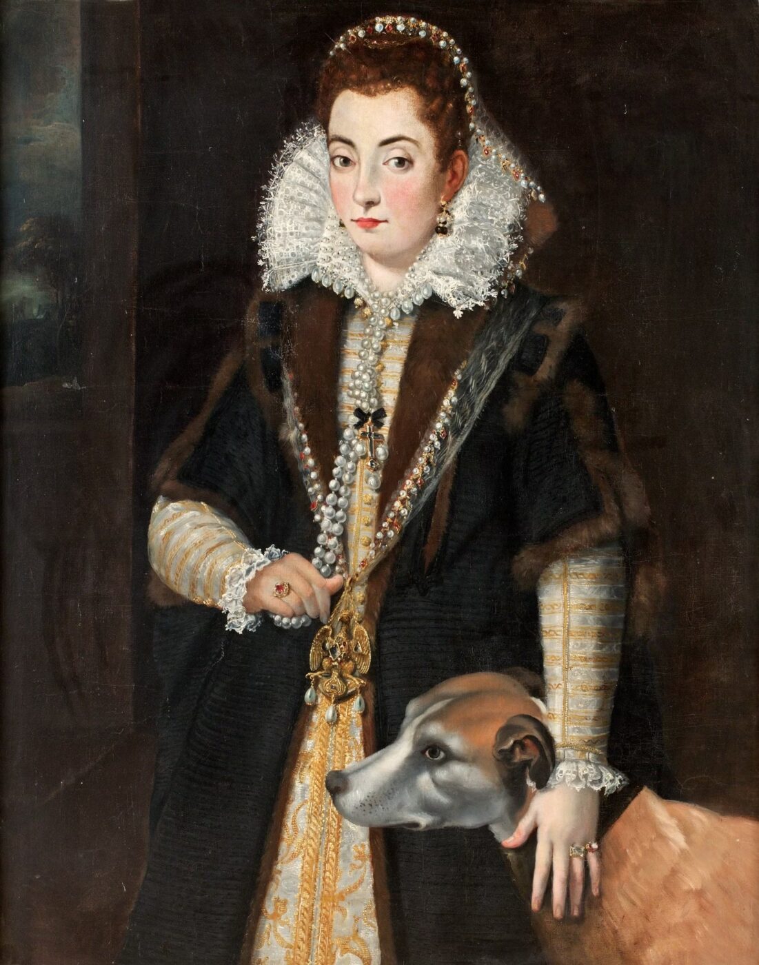 A Renaissance-era woman in ornate dress, lace collar, and pearls stands indoors, holding a staff, hand on a large light dog.